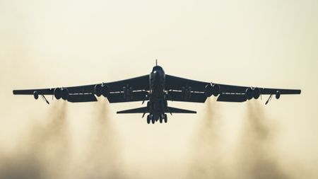 An Air Force B-52 Stratofortress takes off from RAF Fairford on March 19, 2026, in Fairford, England.