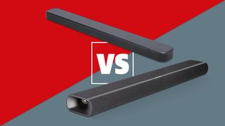 Two soundbars arranged on a red and grey background with a 'VS' logo between them