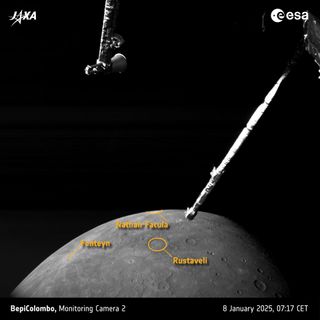 Lava and debris on Mercury's surface as seen by the ESA/JAXA BepiColombo mission on 8 January 2025 during its sixth flyby.