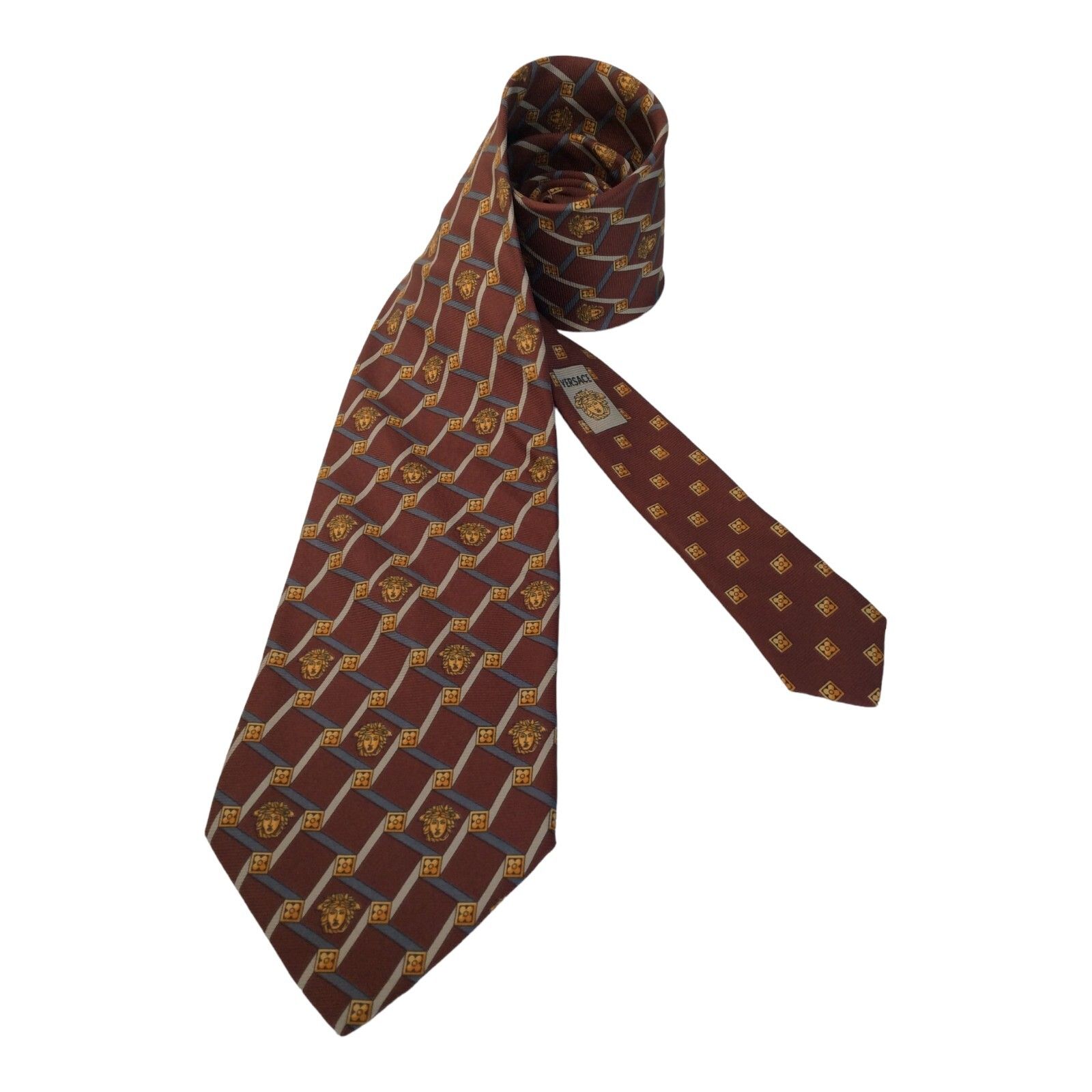 Gianni Versace Brown Geometric Medusa Print Silk Tie Italy 59”/3".3/4 Ex Cond