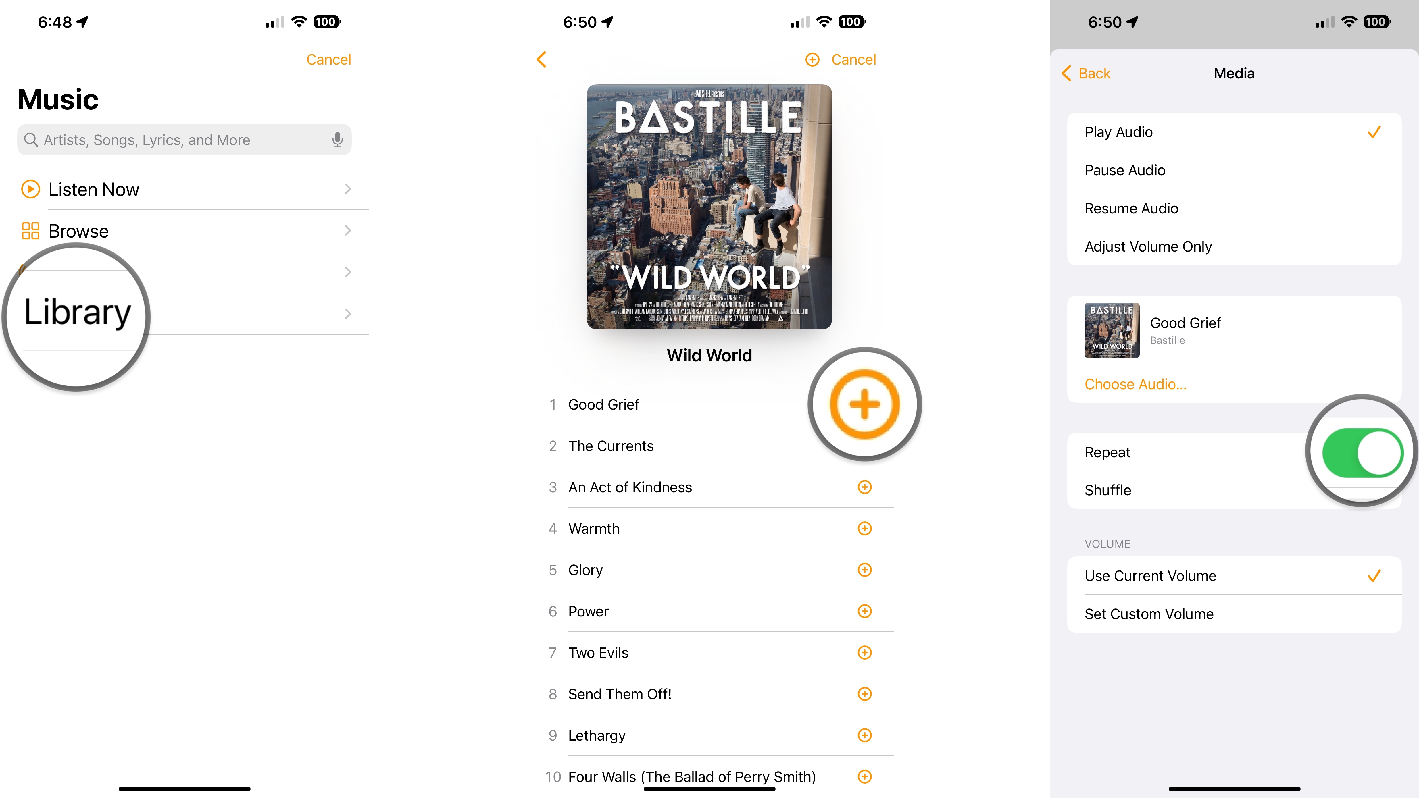 How to set up HomePod to play music when you arrive home on the iPhone by showing steps: Tap Library, Navigate to a song, album, or playlist then Tap the Plus icon, Tap additional options such as Repeat or Shuffle.