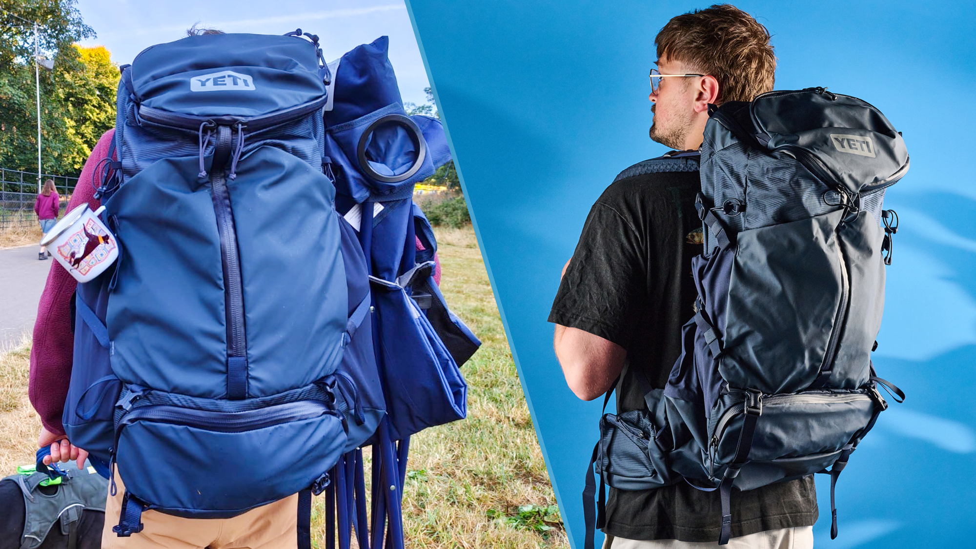 A split image showing the Yeti Skala being used in real life on the left, and being worn in a studio on the right
