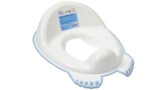 White toilet training seat with backrest and blue detail