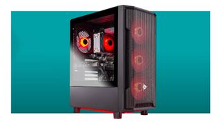 A Skytech Shadow gaming PC with red lighting on a blue background