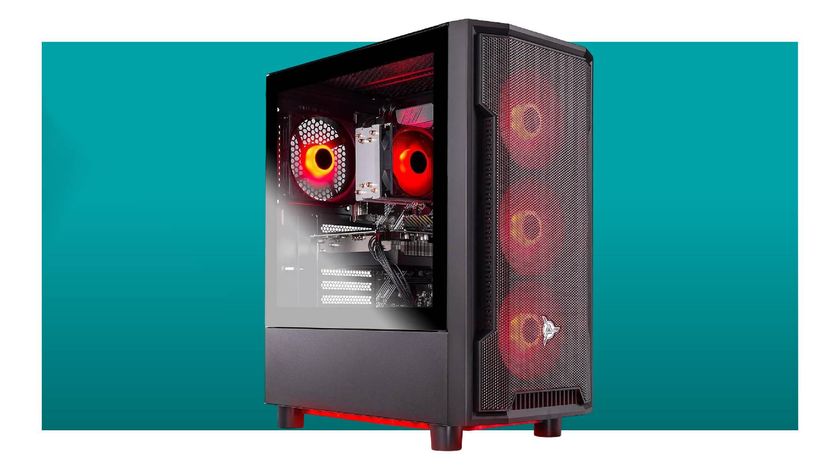 A Skytech Shadow gaming PC with red lighting on a blue background