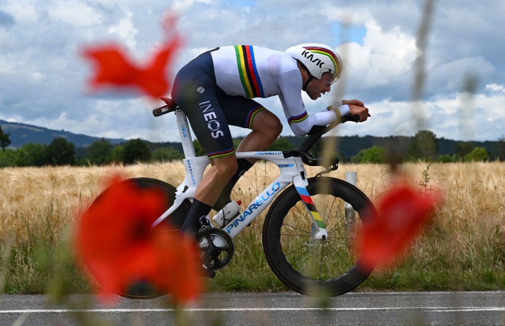 Ineos Grenadiers teams Italian rider Filippo Ganna rides during the fourth stage of the 74th edition of the Criterium du Dauphine individual time trial cycling race 319 km between Montbrison and La Batie dUrfe central eastern France on June 8 2022 Photo by Marco BERTORELLO AFP Photo by MARCO BERTORELLOAFP via Getty Images