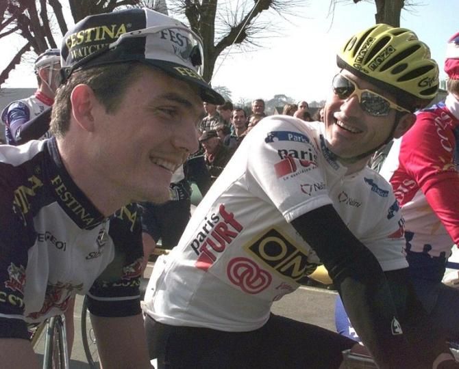 French riders Richard Virenque and Laurent Jalabert share a joke at the 1997 race