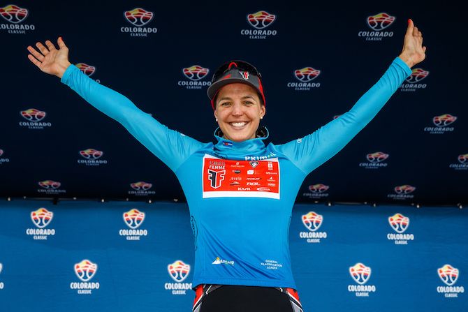Rebecca Wiasak (Fearless Femme) gets the leader's jersey after winning stage 1 of the Colorado Classic Women's Race