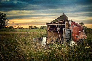 Old caravan in lincolnshire with view of wolds