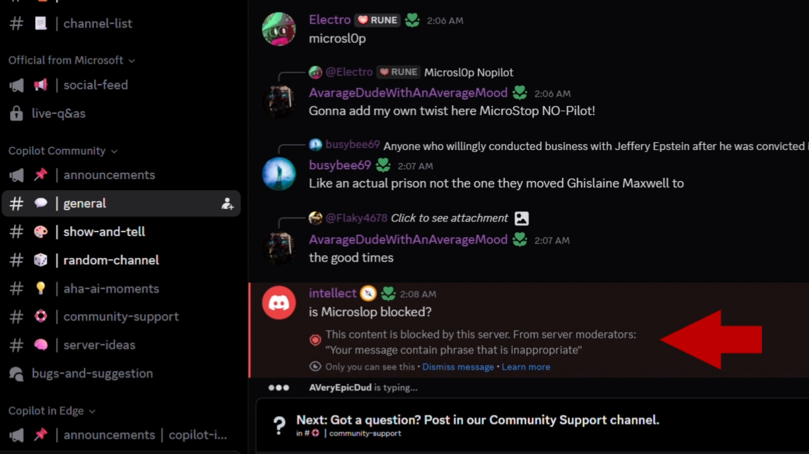 Microsoft Copilot Discord channel showing a post being blocked for mentioning 'Microslop'