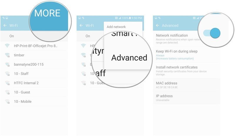 Tap more, then tap advanced, then toggle network notification on or off
