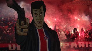 PSG ultras with a giant tifo depicting actor Jean-Paul Belmondo ahead of their Champions League clash against AC Milan in October 2023.