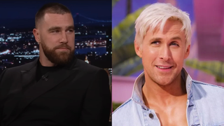 Side by side photos of Travis Kelce during a talk show appearance and Ryan Gosling as Ken in Barbie