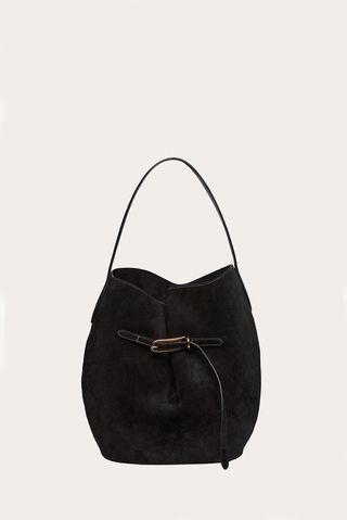 Belted Bucket Bag Large Black Suede