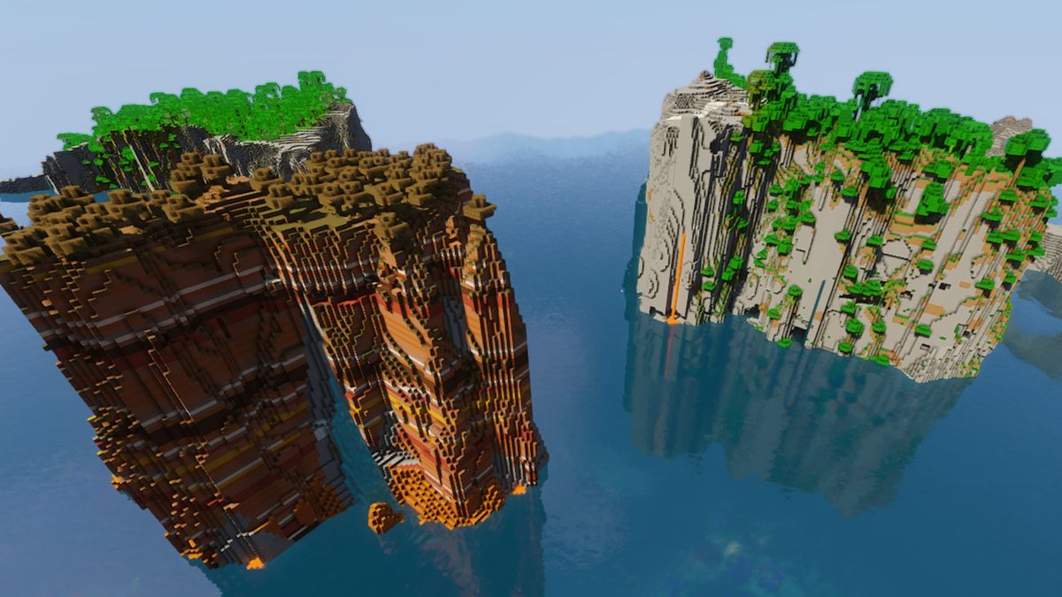 Minecraft seeds - a pair of towering islands, a jungle and a mesa