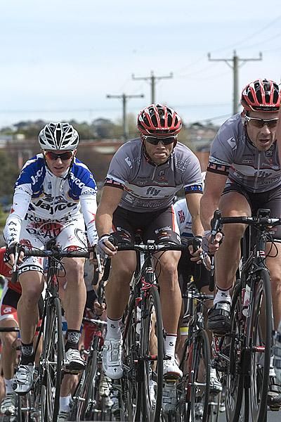 Ben Day, Jonathan Cantwell both of Fly V Australia and David Tanner (Jayco/VIS) in action during the 31.8km criterium in East Devonport.