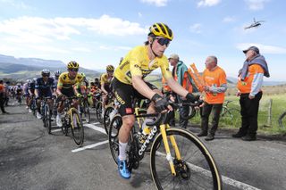 Primoz Roglic racing in the leader's jersey at the Itzulia Basque Country