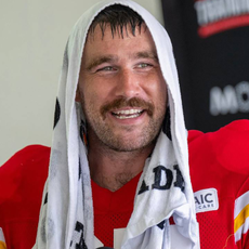 Kansas City Chiefs tight end Travis Kelce smiles as he talks to the media during training camp at Missouri Western State University on Saturday, July 27, 2024, in St. Joseph, Missouri