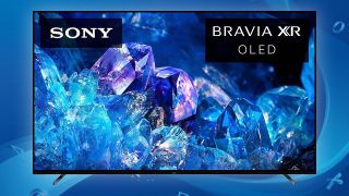 The Sony A80K OLED TV on a blue background.