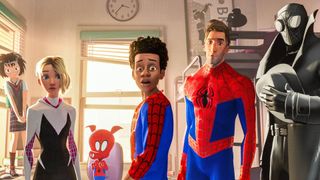 Miles Morales and his Spider-Friends look surprised in Spider-Man: Into the Spider-Verse