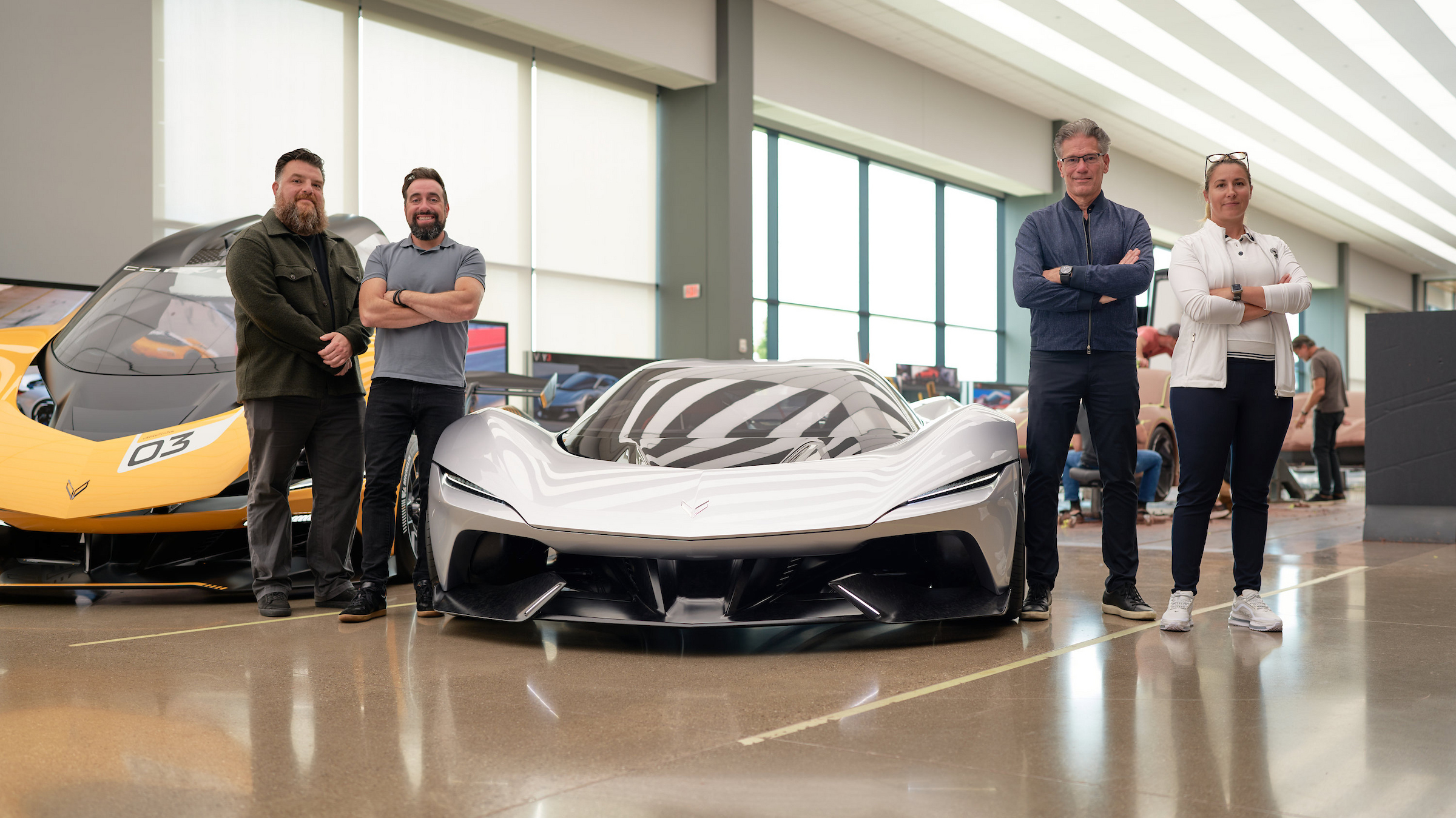 Tristan Murphy, second from left, and the Corvette CX and CX.R Concepts