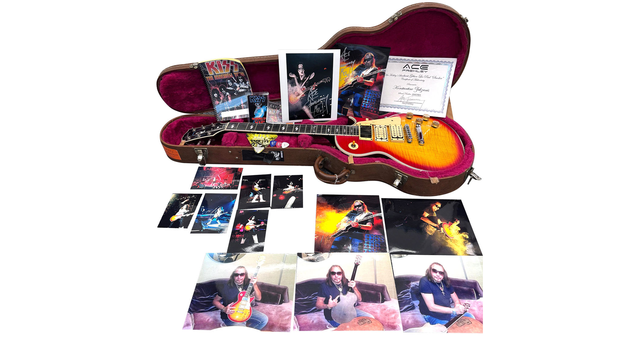 Ace Frehley&#039;s 1999/2000 Gibson Les Paul &#039;Smoker&#039; is up for auction and has a sunburst finish, is routed for three humbuckers, but has been modified to emit smoke from the neck pickup cavity