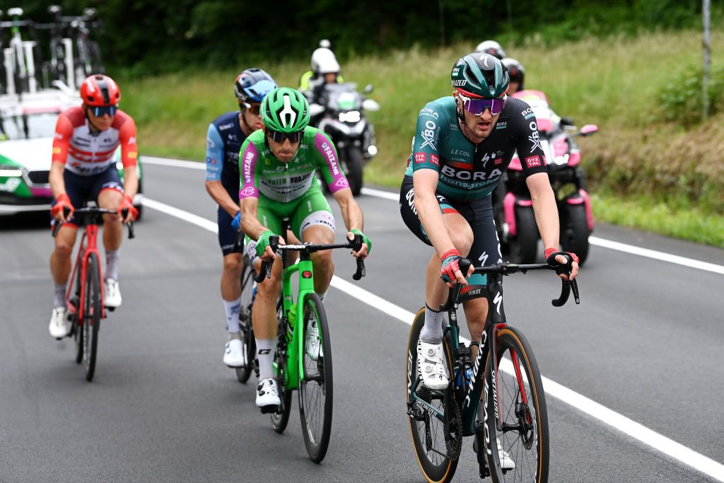 RIVOLI ITALY MAY 18 Nico Denz of Germany and Team BORA hansgrohe leads the breakaway during the 106th Giro dItalia 2023 Stage 12 a 185km stage from Bra to Rivoli UCIWT on May 18 2023 in Rivoli Italy Photo by Tim de WaeleGetty Images