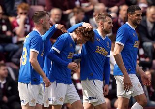 Rangers celebrate in their recent league win over Hearts