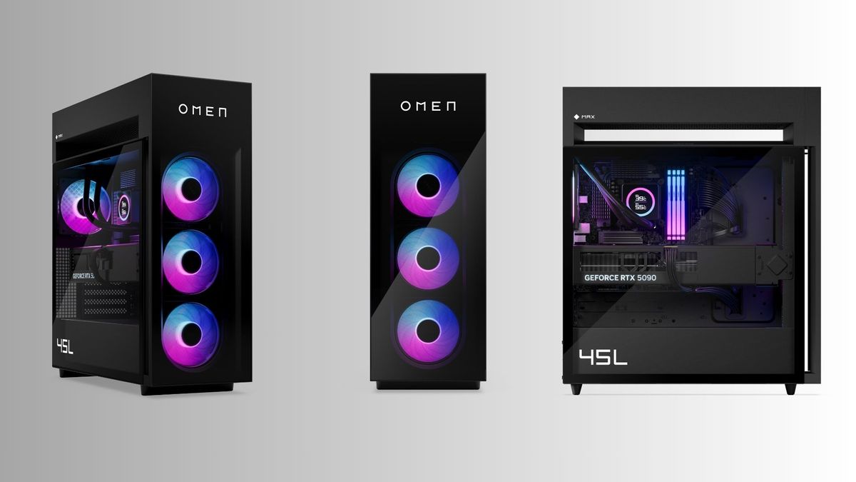 HP Omen Max 45L gaming PC on a white and black gradient