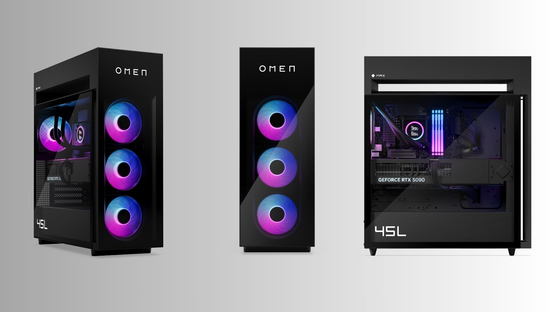 HP Omen Max 45L gaming PC on a white and black gradient