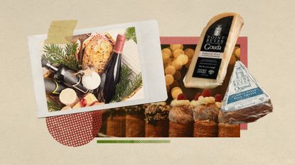 Photo collage of a Christmas hamper, a cake display with fairy lights in the background, and Point Reyes cheeses
