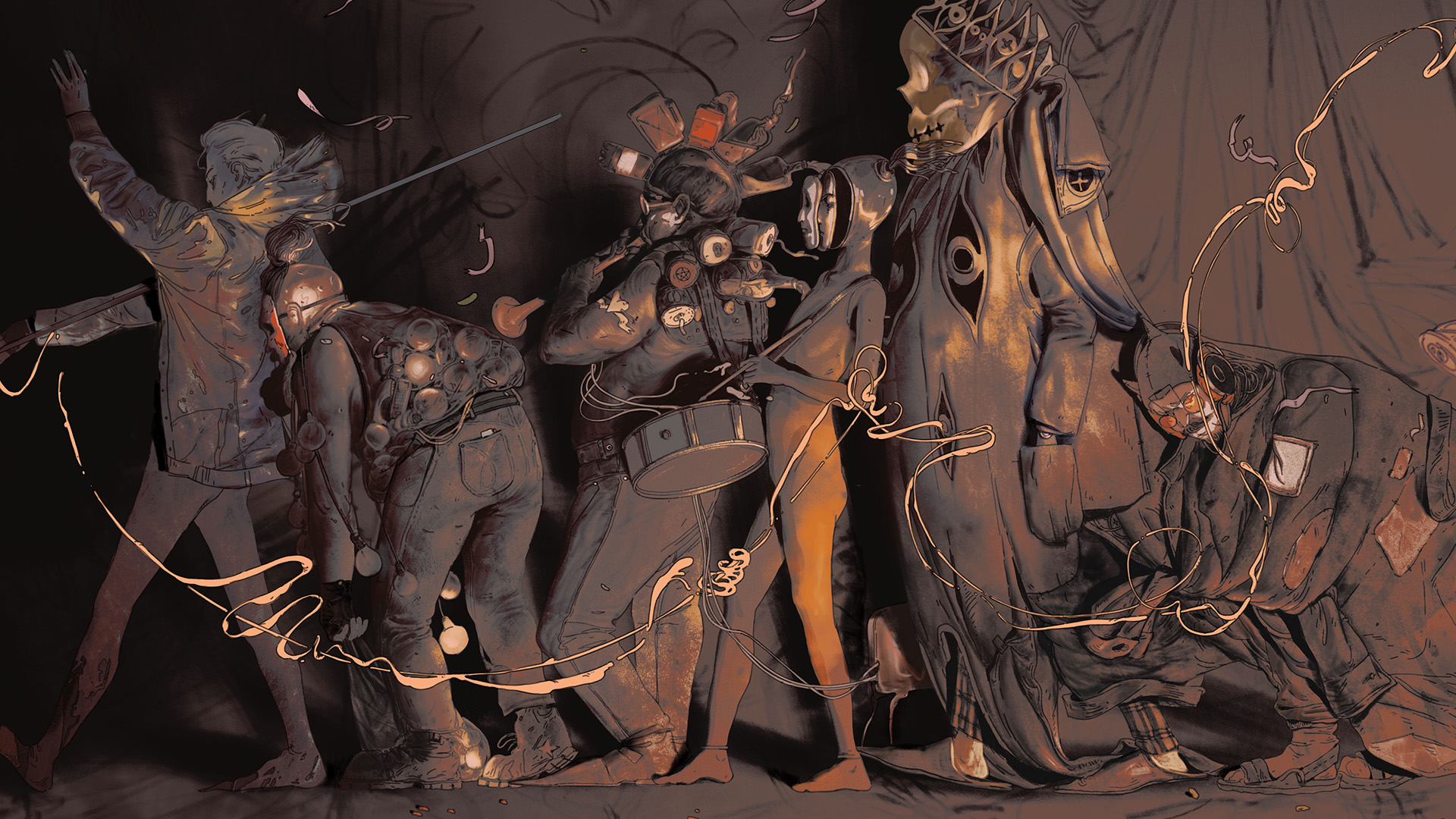 Artwork from Zero Parades: For Dead Spies showing the Conditioning thought Ghost Recorder - several strange figures walking in formation