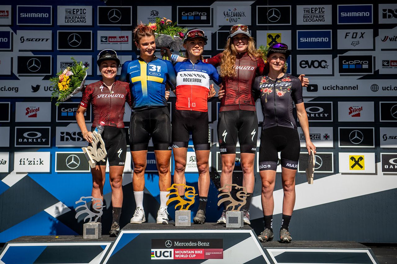 Women's XCO podium (L to R): Sina Frei, Jenny Rissveds, Loana Lecomte (winner), Laura Stigger, Anne Terpstra