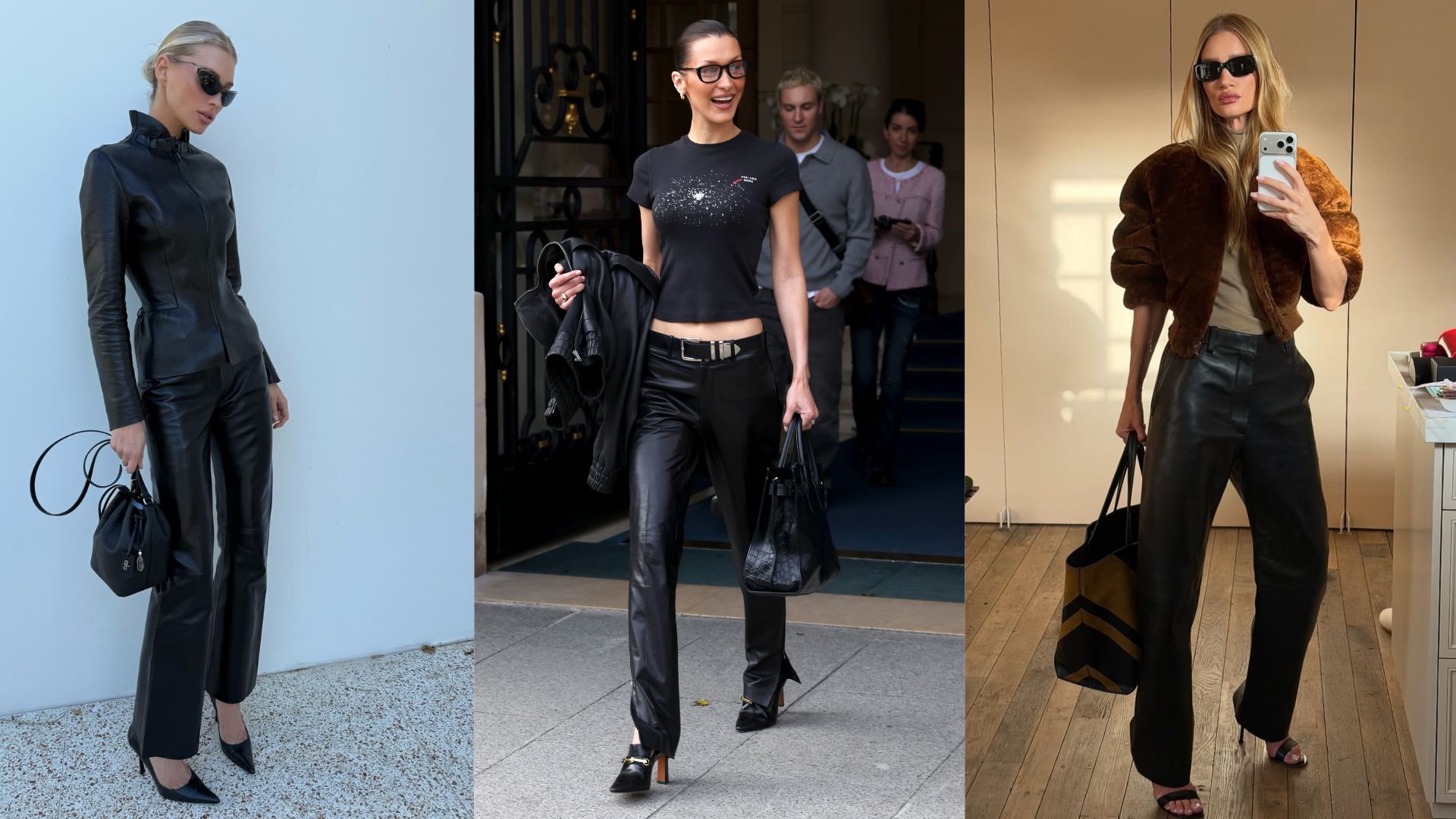 An image of the chicest leather pants outfits for 2026, including on Elsa Hosk, Bella Hadid and Rosie Huntington-Whitely. 