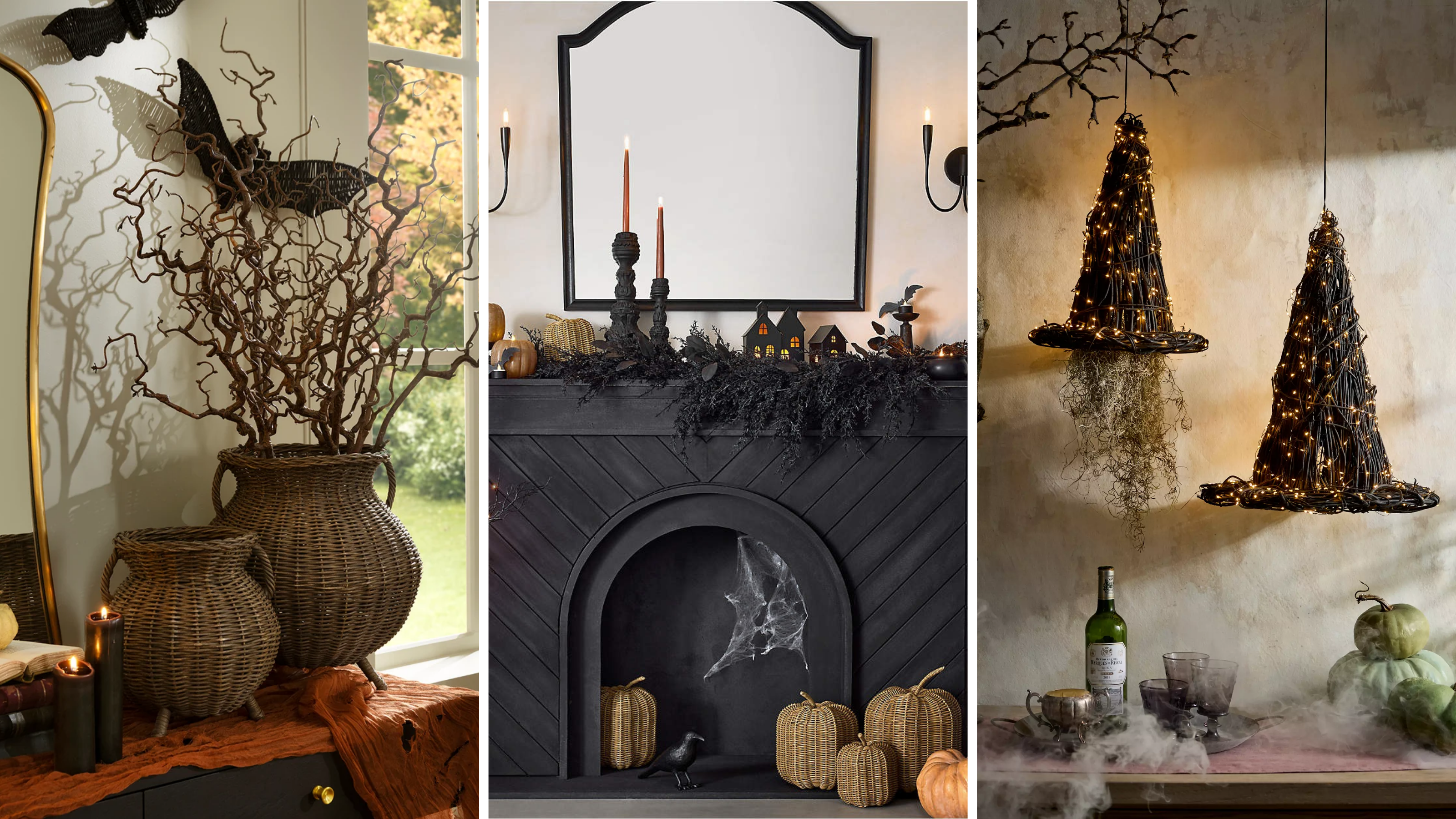 an assortment of woven halloween decor