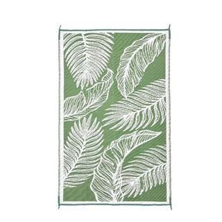A rectangular green outdoor rug with white leaf illustrations and a white border