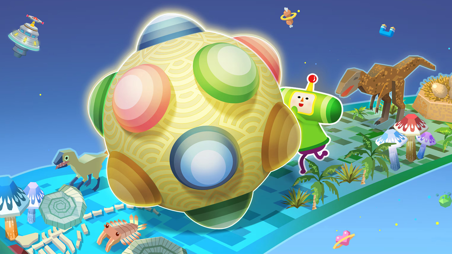 Key art for Once Upon a Katamari showing the Prince rolling a katamari across the cosmic scroll of history with dinosaurs, UFOs, and more - cropped closely