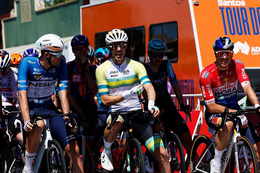 TANUNDA, AUSTRALIA - JANUARY 21: (L-R) Ethan Vernon of Great Britain and NSN Cycling Team, Patrick Eddy of Australia and Team Australia and Danny van Poppel of Netherlands and Team Red Bull - BORA - hansgrohe prior to the 26th Santos Tour Down Under 2026, Stage 1 a 120.6km stage from Tanunda to Tanunda on January 21, 2026 in Tanunda, Australia. (Photo by Con Chronis/Getty Images)