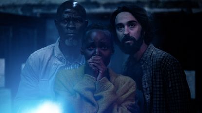 Djimon Hounsou as Henri, Lupita Nyong'o as Samira, and Alex Wolff as Reuben in A Quiet Place: Day One.