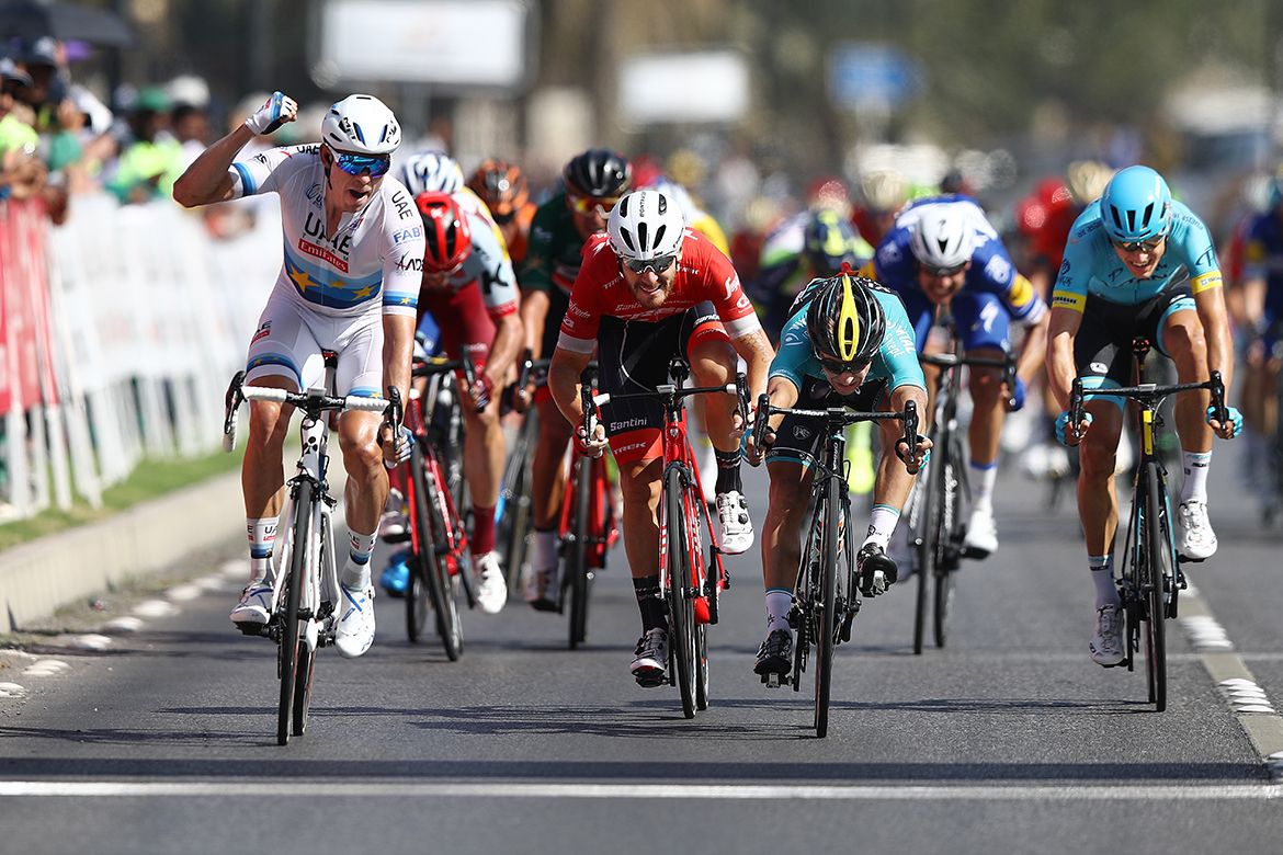 Alexander Kristoff (UAE Team Emirates) starts to celebrate