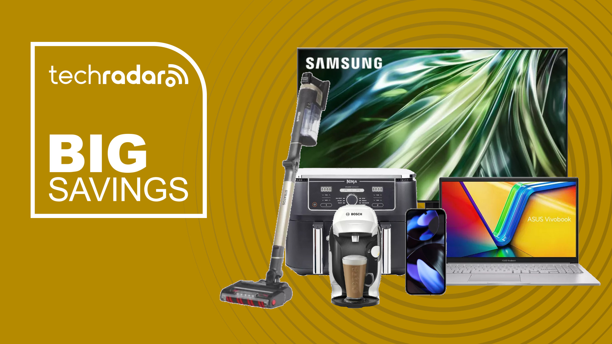 Samsung TV, Ninja air fryer, Asus laptop, Shark vacuum, Google pixel phone and Bosch coffee machine on a red background