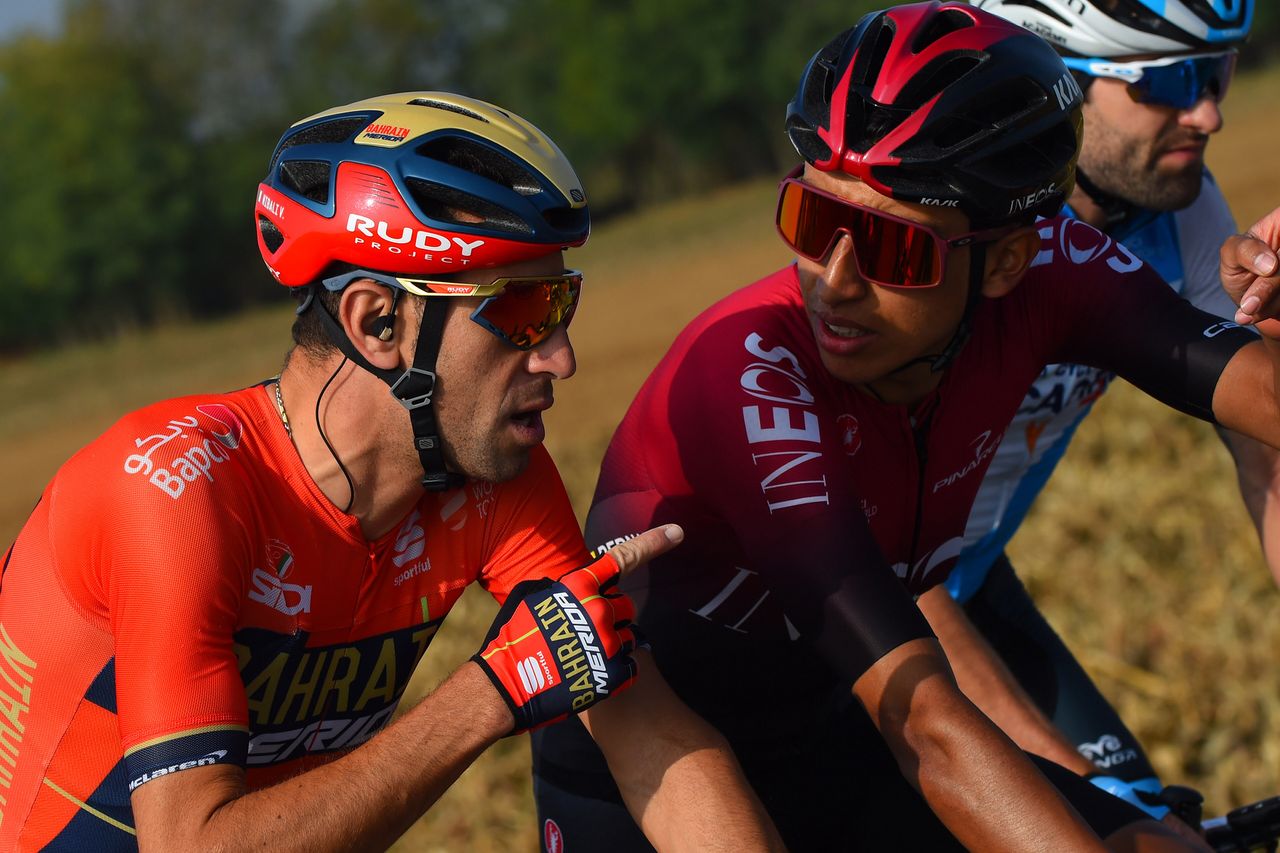 Bahrain-Merida&rsquo;s Vincenzo Nibali offers Tour de France winner Egan Bernal (Team Ineos) some advice during the 2019 Il Lombardia