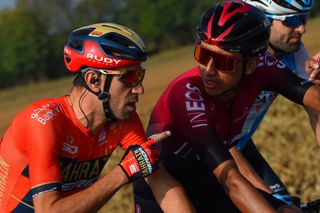 Bahrain-Merida’s Vincenzo Nibali offers Tour de France winner Egan Bernal (Team Ineos) some advice during the 2019 Il Lombardia