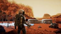 An astronaut on Mars near a habitat with a dust storm in the background