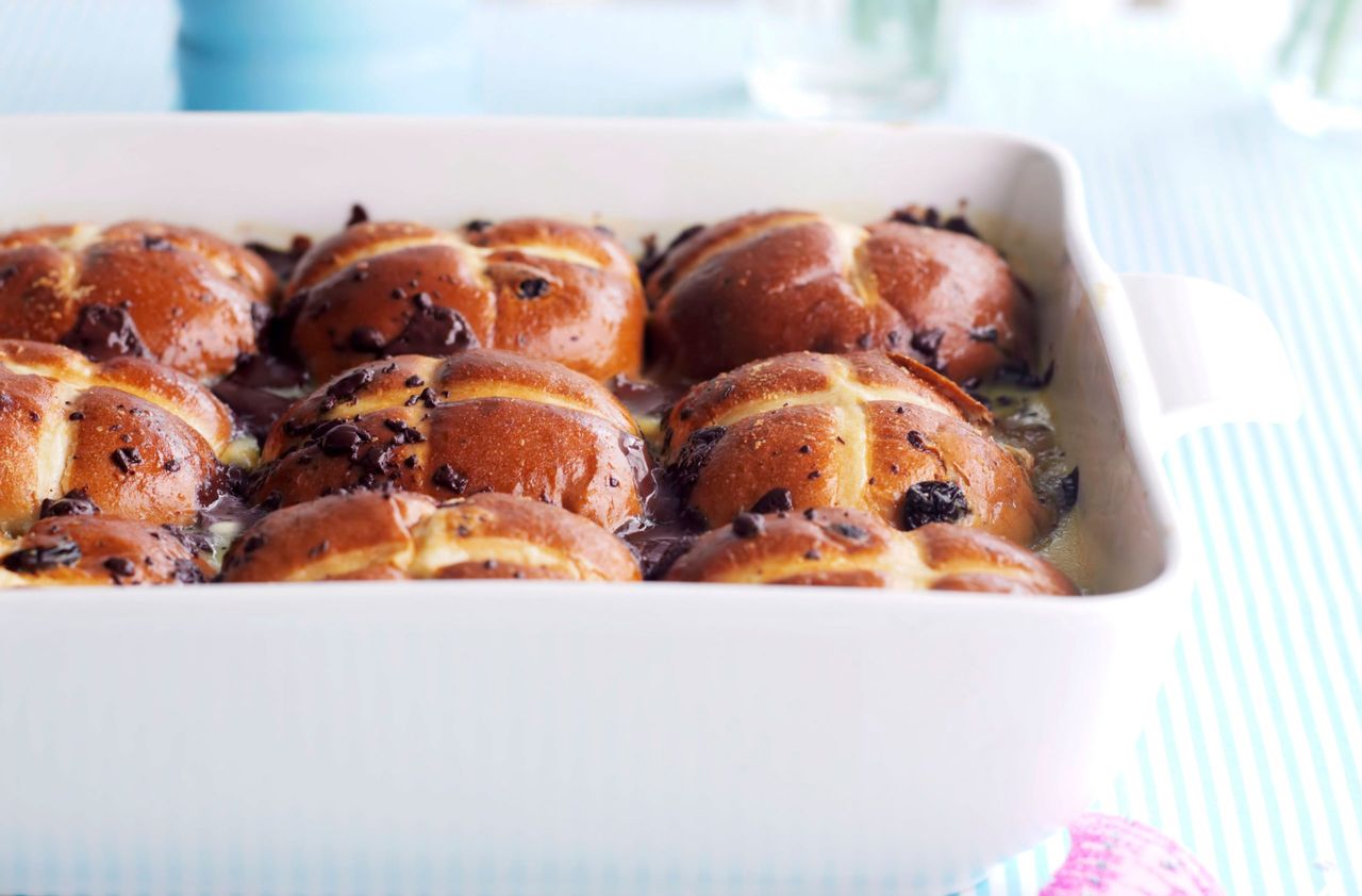 Hot cross bread and butter pudding