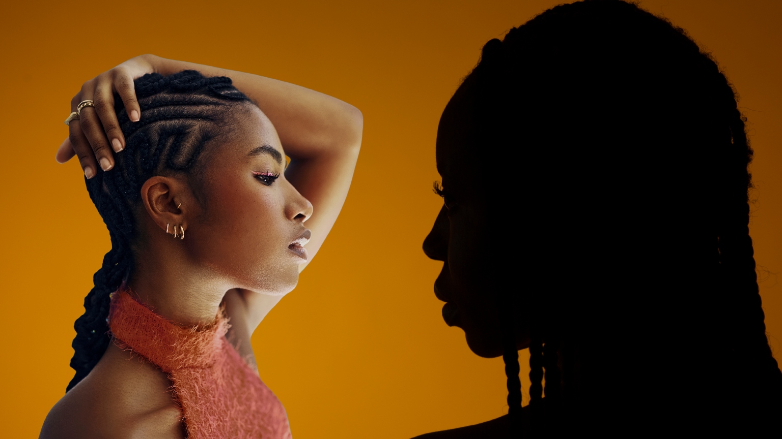 an orange background with the shadow of a woman with braids in her hair facing a black woman in a pink top with braids in her hair