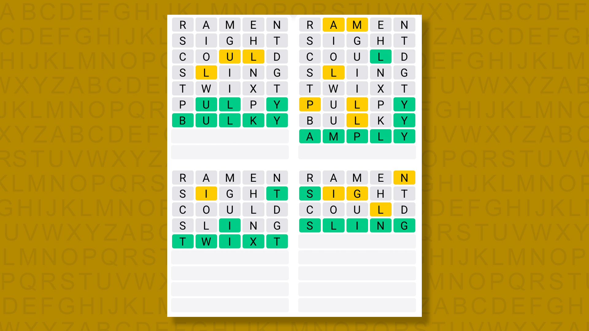 Quordle answers for game 1370 on a yellow background