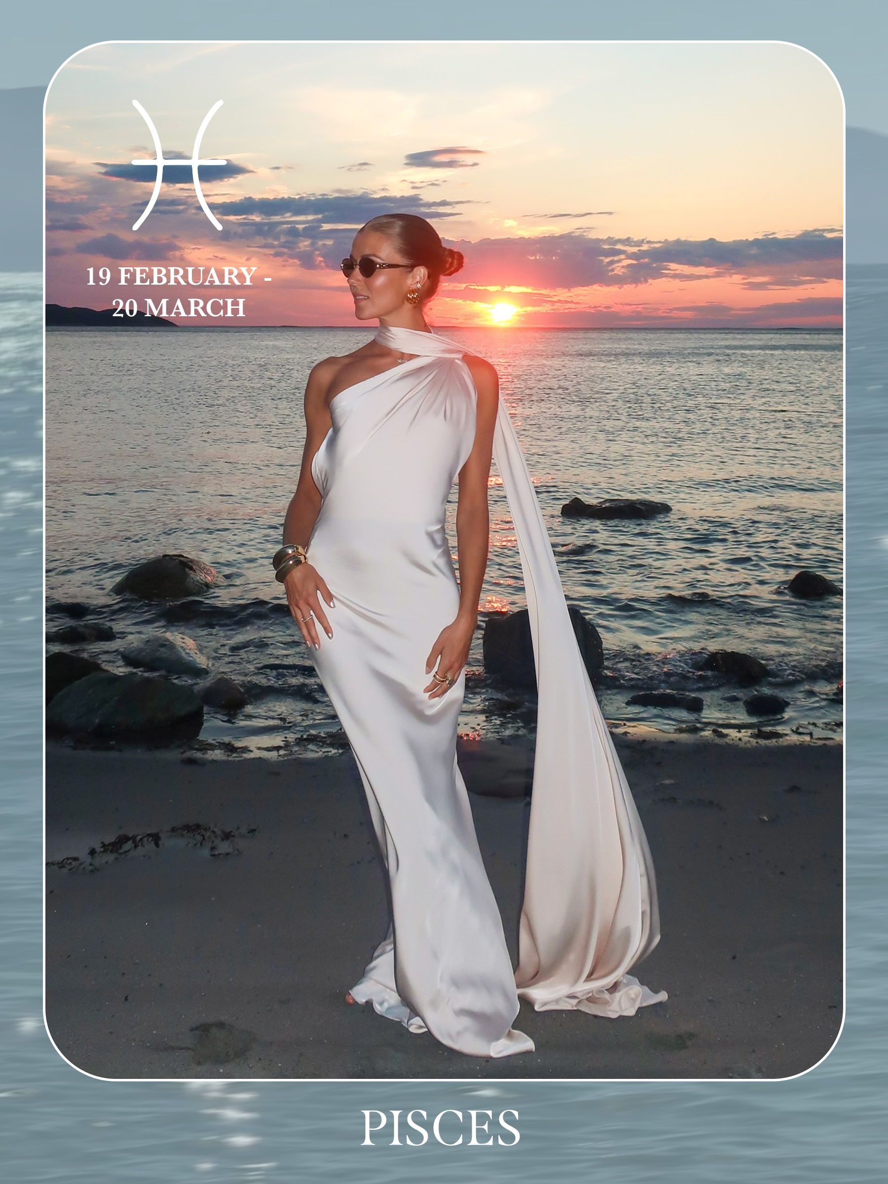 An image of @ninasandbech posing on a beach wearing a silk maxi dress, showcasing the characteristics of sun sign dressing if you're a Pisces.