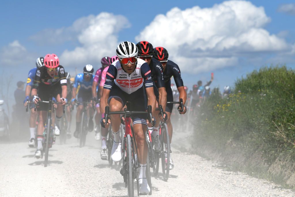 MONTALCINO ITALY MAY 19 Vincenzo Nibali of Italy and Team Trek Segafredo Gianni Moscon of Italy and Team INEOS Grenadiers during the 104th Giro dItalia 2021 Stage 12 a 162km stage from Perugia to Montalcino 554m Gravel Strokes Dust girodiitalia UCIworldtour Giro on May 19 2021 in Montalcino Italy Photo by Tim de WaeleGetty Images