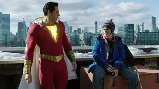 Zachary Levi on a roof in Shazam!
